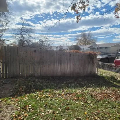 Same yard after cleanup with intact wood fence and clear lawn